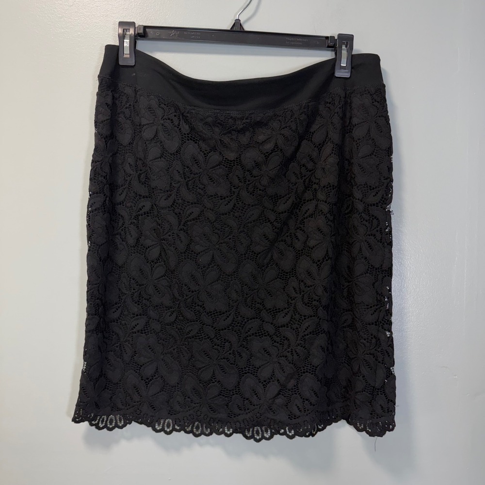 J Jill Wearever Collection Black Floral Lace  Stretch Pull-on Pencil Skirt Large